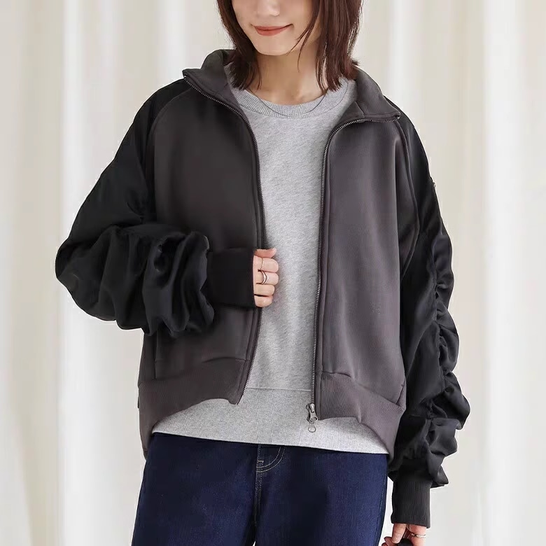 トップス スウェット 長袖 ハイネック 前開き ジップアップ ファスナー ポケット ショート丈 可愛い かわいい 大人可愛い きれいめ シンプル 上品 レトロ おしゃれ かっこいい カジュアル