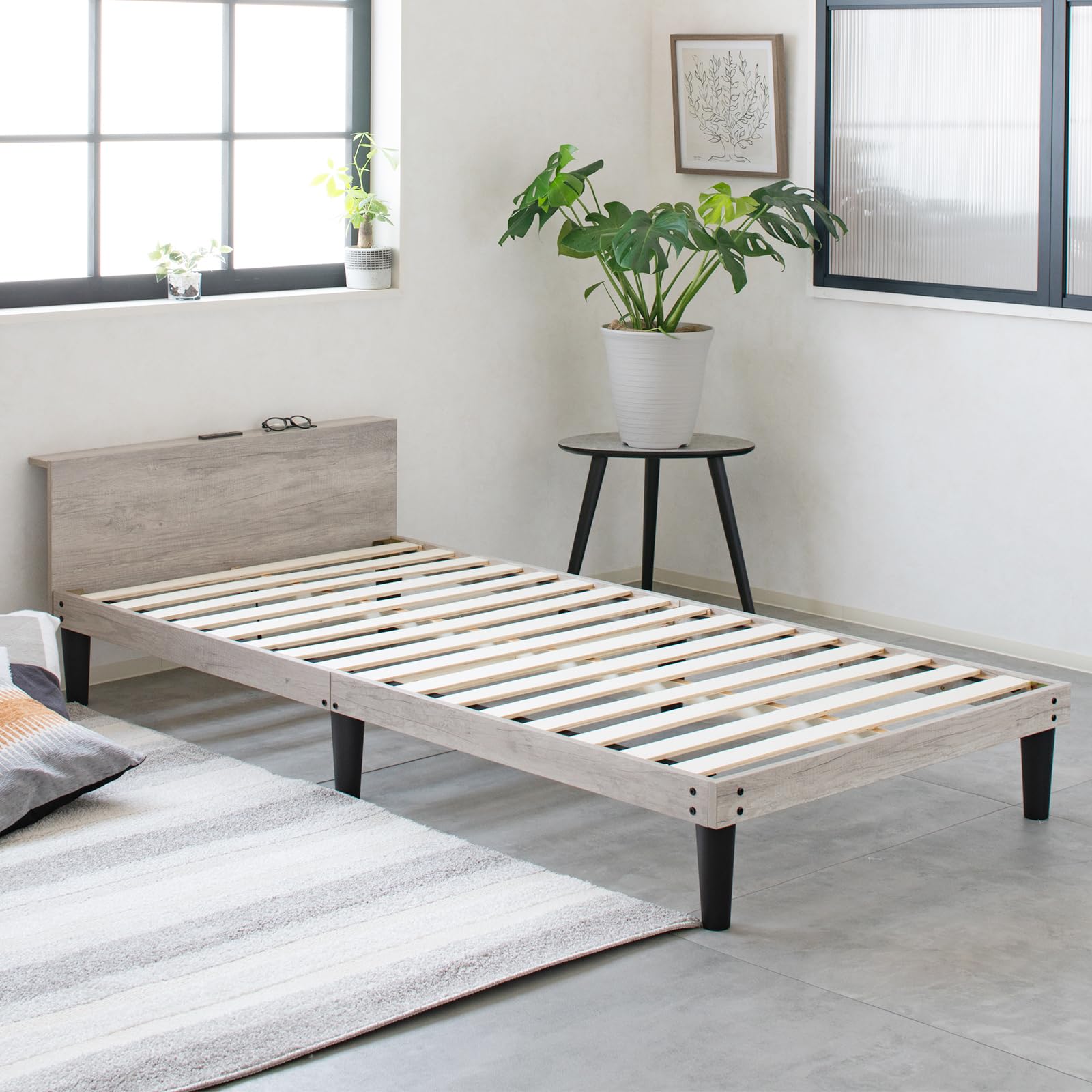 Major In Life ベッド 宮付き ベッドフレーム 宮棚付き シングルベッド 木製 すのこ ヘッドボード 2口コンセント 2段階 高さ調整 ロースタイル 耐荷重200kg (グレー, シングル