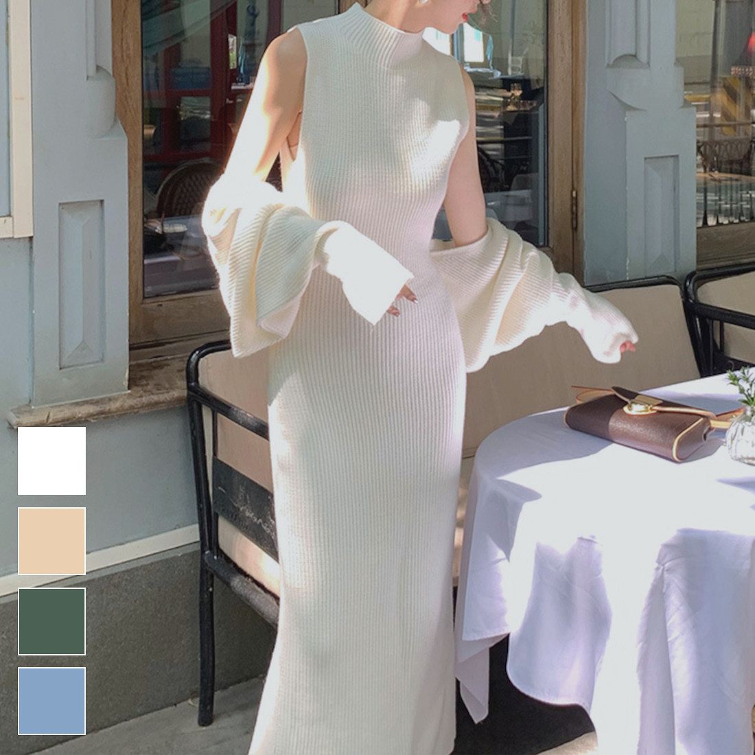 凄く人気がある Iラインがキレイにフィットするロング丈ボレロ&ニットワンピース ウェストシェイプ 大人っぽいコーデ キレイめコーデ お出かけコーデ お呼ばれコーデ 長袖 ノースリーブ 冬 リブニットワ