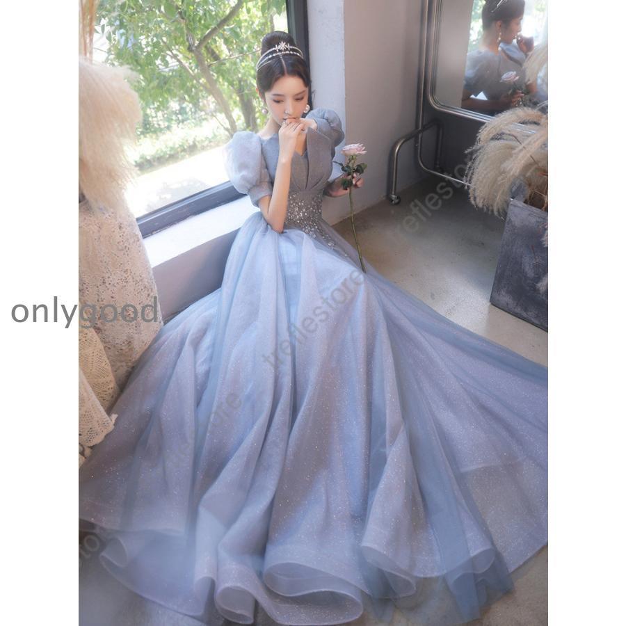 ワンピースドレスドレスチュールドレス お呼ばれ ロングドレス パフスリーブ 発表会 二次会 長袖 同窓会 誕生日ドレス Aライン パーティードレス ブルー 半袖 イブニングドレス 成人式