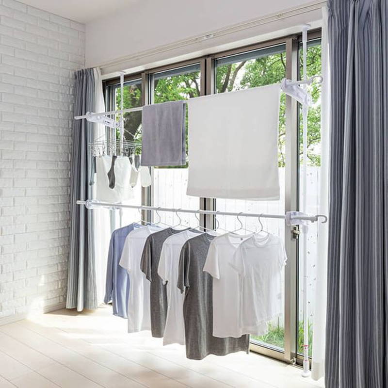 突っ張り物干し 室内 掃き出し窓 テラス窓 室内用 つっぱり式窓枠ものほし 高さ178～263cm 専用伸縮竿2本付き