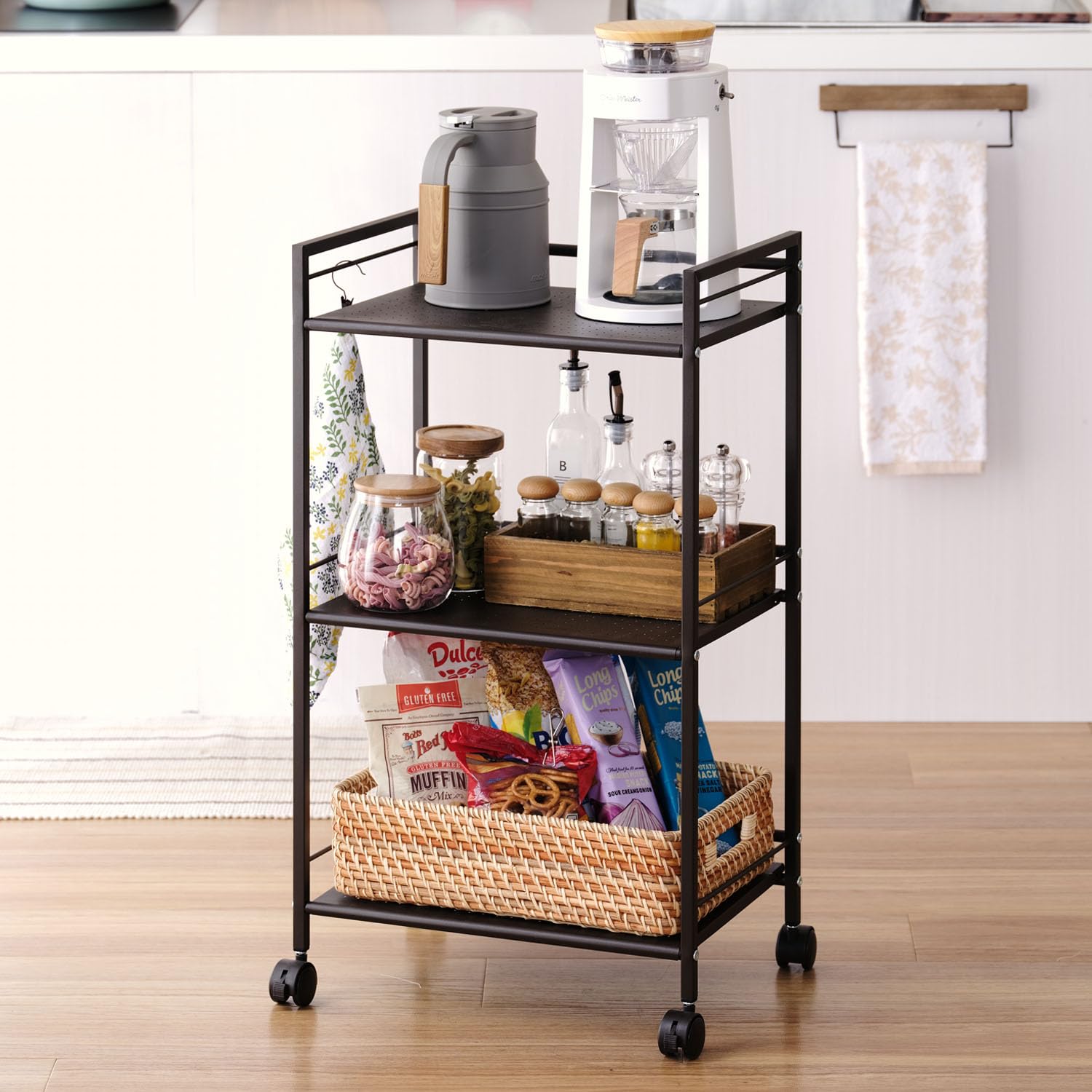 ドウシシャ パンチングラック 3段 キャスター付き 収納ワゴン ブラウン ストッパー 取っ手付き 全体耐荷重18kg 幅43×奥行29.5×高76.5cm キッチン レンジ台 炊飯器 クローゼット 押