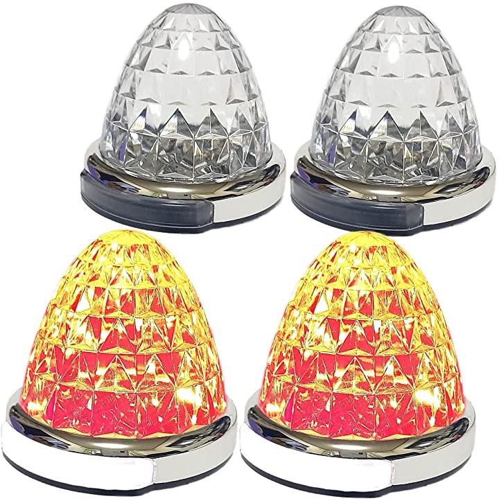 カスタマイズ 12V 24V トラック用 LED マーカーランプ 路肩灯機能付 サイド メッキリング 5面クリスタルカット仕様 22LED 汎用(レッド, 4個セット)
