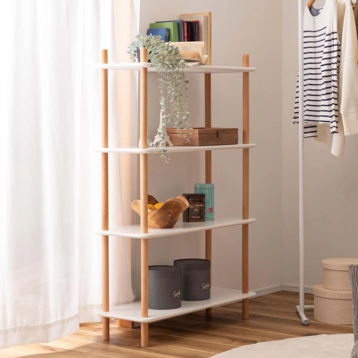 オープンラック 4段 簡単組立て 天然木フレーム 幅80cm ラック 棚 工具不要 収納 家具 天然木 シェルフ ウッドラック 木製 飾り棚 ディスプレイ 四段 ホワイト 白 ナチュラル