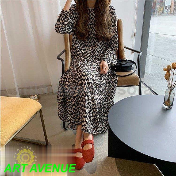 ワンピースドレス レディース 40代 秋服 きれいめ 膝丈ワンピース 長袖 ドット柄 ロング丈 韓国風 結婚式ドパーティー オシャレ