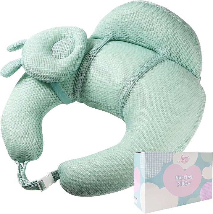 授乳クッション Nursing Pillow 助産師監修 綿 洗える 授乳用 負担軽減 2つの補助まくら(ミントグリーン, 横幅:約60cm奥行:約50cm高さ:約18cm)