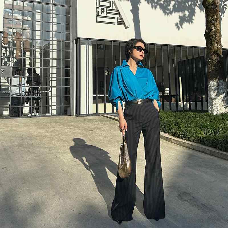 トップス レディース おしゃれ フレンチ Vネック シワになりにくい 長袖 シャツ 春 廓形 立て襟 ブラウス