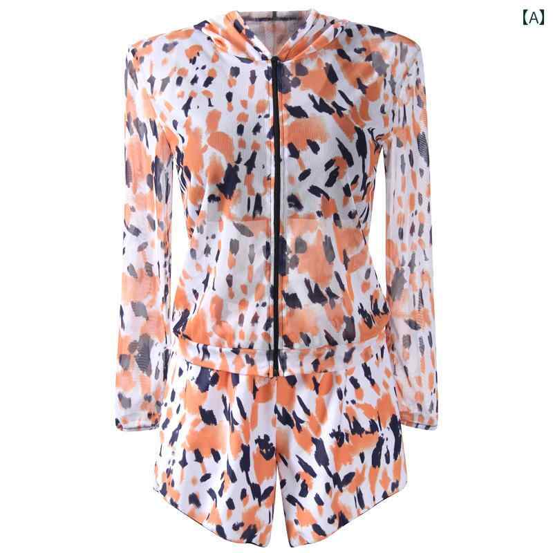 水着 レディース ファッション 夏 サマー グリーン オレンジ 水泳 ポリエステル ラウンドネック 長袖 ボクサー スプリット