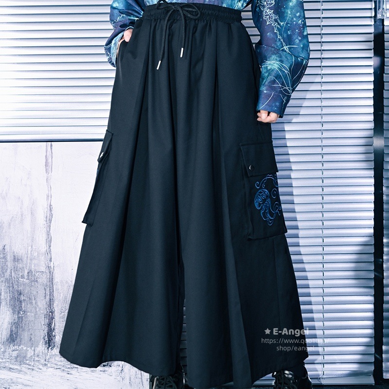 ガウチョパンツ レディース 9分丈 ボトムス ワイドパンツ ハイウエスト ゴムウエスト 合わせやすい 着痩せ ブラック 水母刺繍