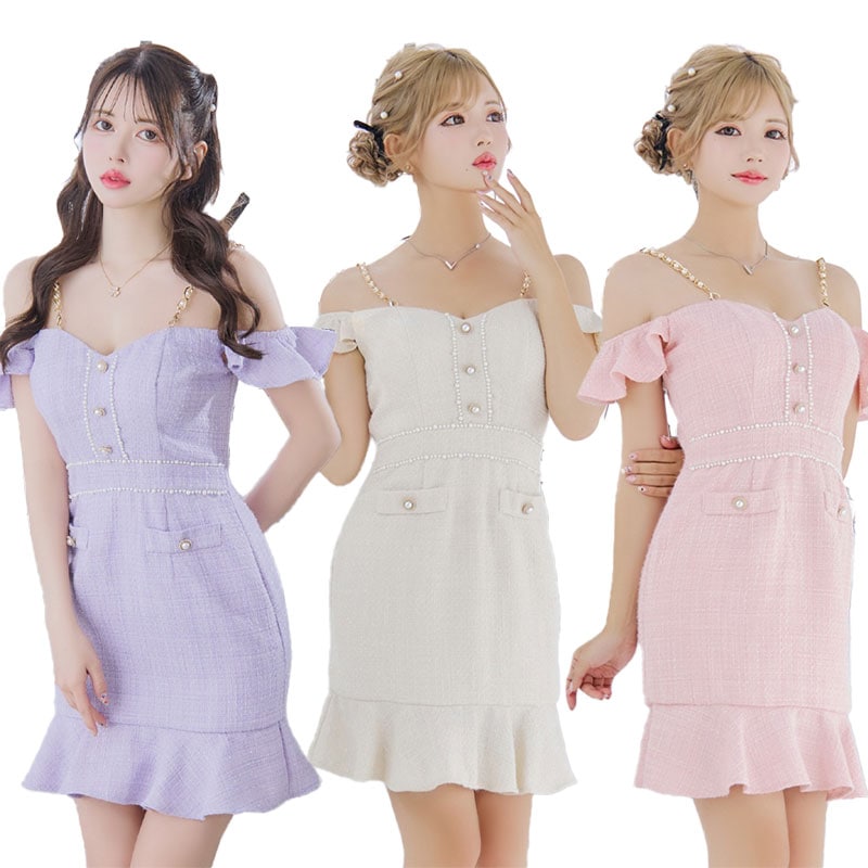 【SMLサイズ/3カラー】パールライン ツイード パールショルダー オフショル ボタン マーメイド タイト ミニドレス キャバドレス [1339]