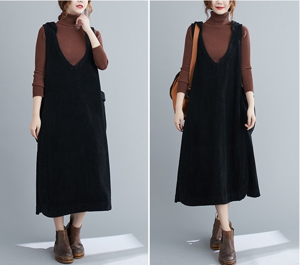 ワンピース パーカー フーディー ロングスカート ジャンパースカート ロング ロング丈 袖なし ノースリーブ Vネック 襟なし Aライン フード付き ポケット 厚手 コーデュロイ 大人可愛い