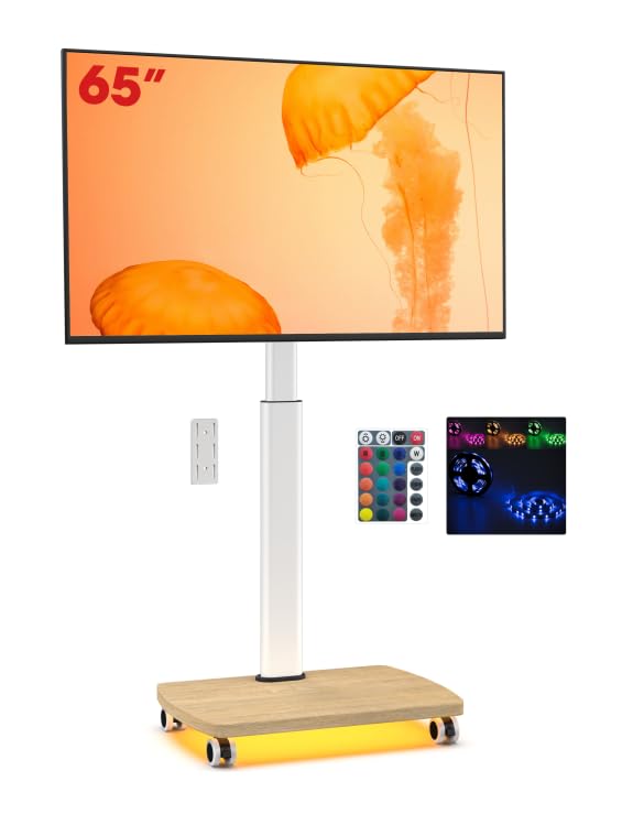 テレビスタンド キャスター付き 壁寄せ 32-65インチ対応 ライトストリップ付き 電源タップ固定ホルダー LEDライト コンセント固定 ハイタイプ 首振り 高さ調整 チルト 耐荷 61027
