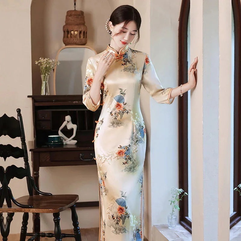2025 チャイナロング改良版レトロスタイルドレス古い上海春秋スタイル女性