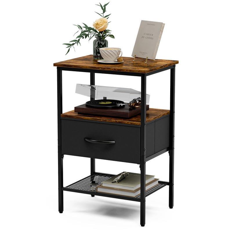 FryLR サイドテーブル おしゃれ 引き出し付き 40*30*60cm 木目調 オープンラック エンドテーブル 寝室 ソファ ベッド横 サイドラック 3段 収納棚（アンティークブラウン） ブランド: