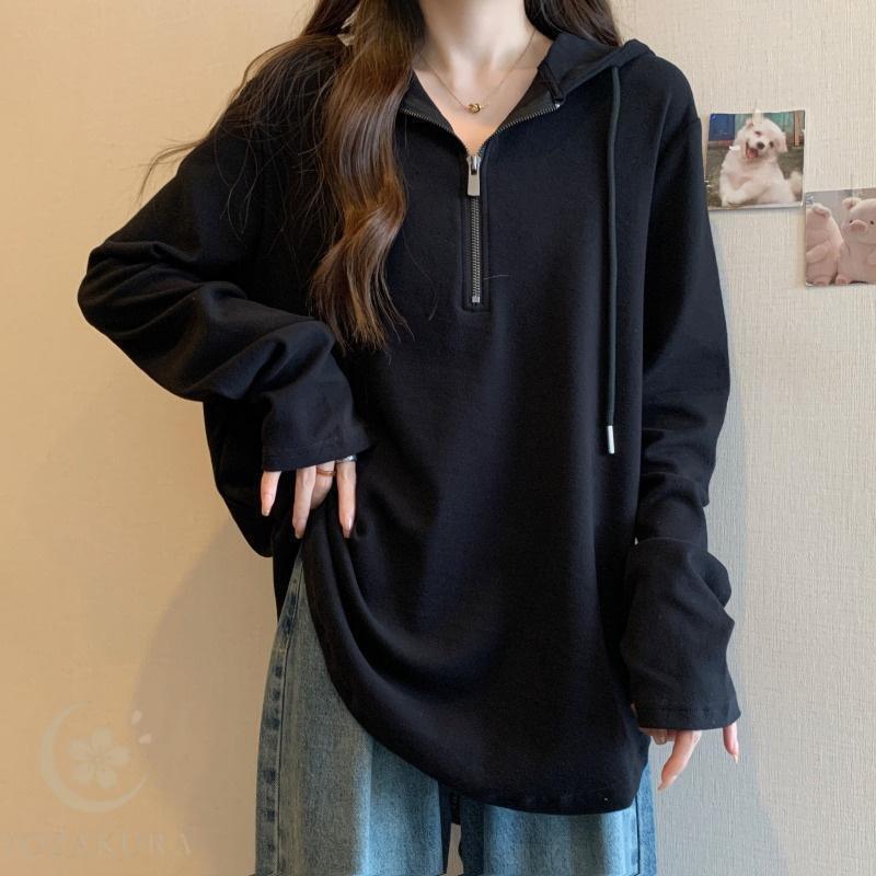 レディース トップス 秋 長袖 カジュアル フード付き 長袖スウェットシャツ 春秋 大きいサイズ ゆったり ハーフジップ シンプル 無地 体型カバー 薄手