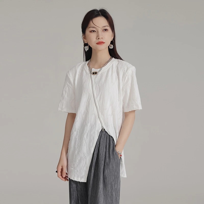 【上品】 2024夏新品 ファスナー デザイン Tシャツ スリット 波柄 ブラウス 関連商品は店で購入可能