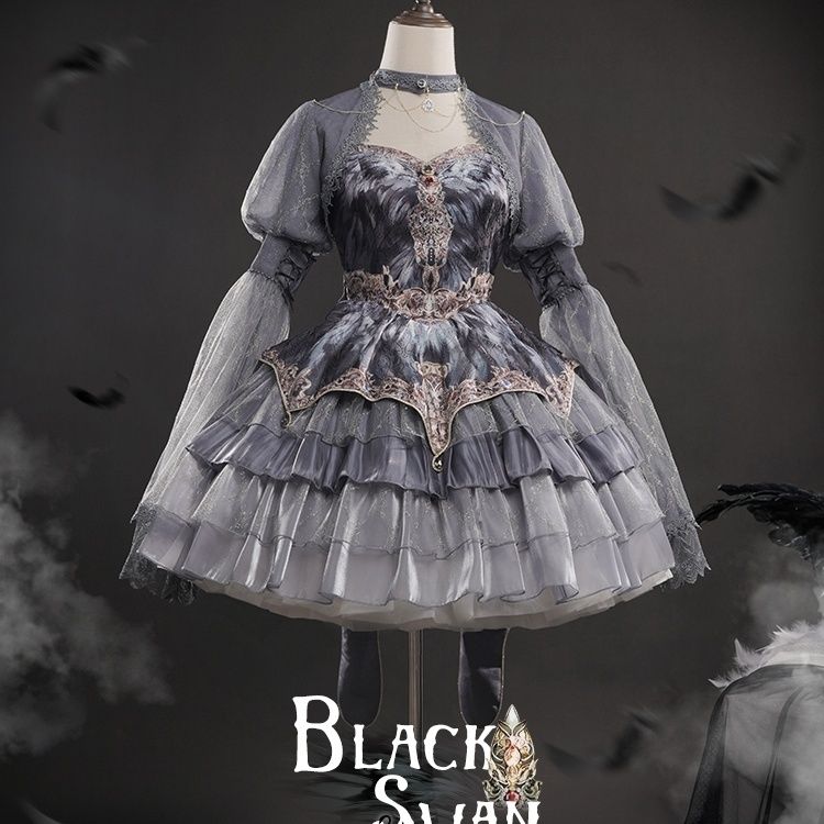 ロリータ スリング ドレス スワン ダンス グレー フェザー ロリータ ドレス マルチレイヤー ケーキ スカート ロリータ スカート