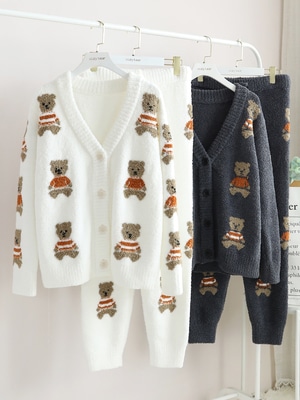 秋冬ふわふわハーフベルベットスト小熊ボタンカーディガン男女ル部屋着セットニットタイプ寝