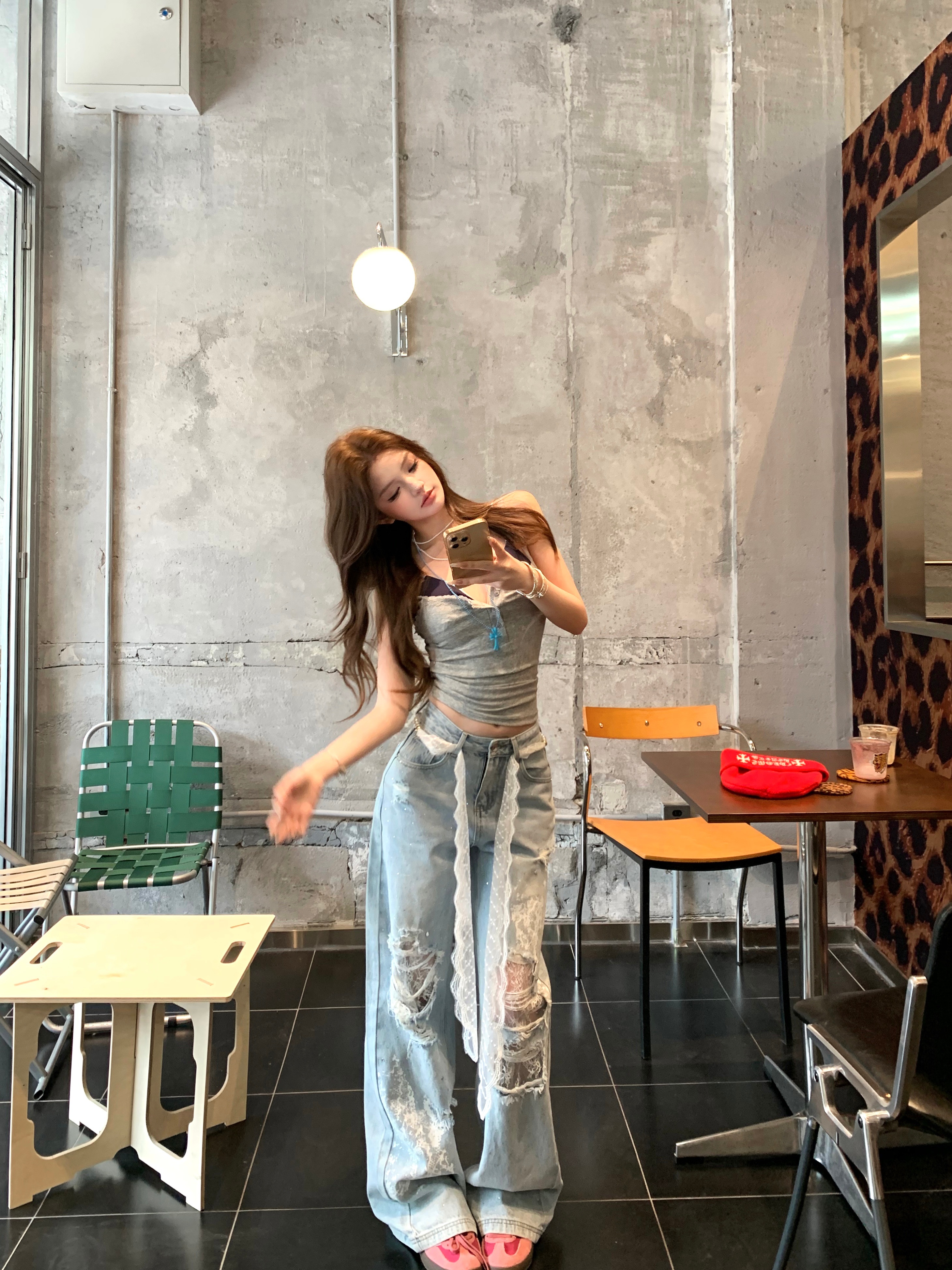 2025春夏デニムパンツボトムスハイウエストベルトジーンズ K-PPストリートファッション切り替え系モップ韓国風ファッション練習ジーンズ シルエットゆったりレッグレディースカジュアルジーパン衣装