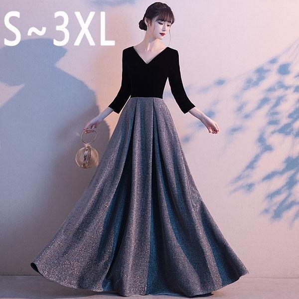 サイズ有S/M/L/XL/2XL/3XL演奏会用ドレス ロングドレス 母親 結婚式 ドレス 大人 ピアノ 発表会 袖付き パーティードレス