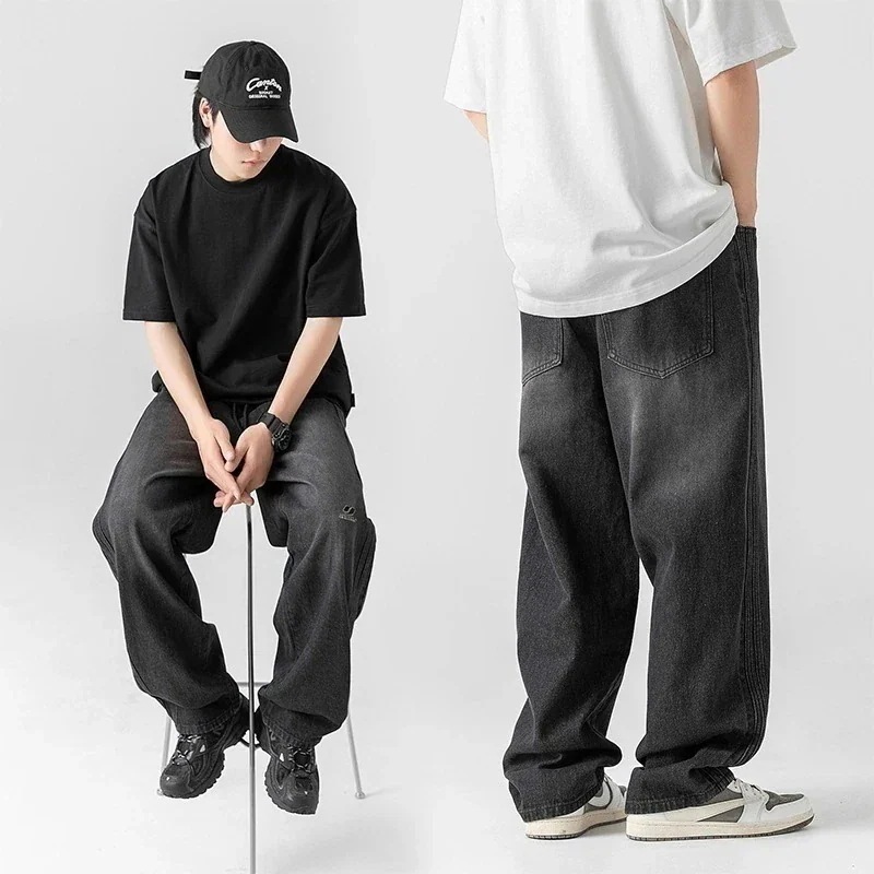 韓国大きいサイズ カジュアルパンツ 復古ジーンズ ストレート メンズ スウェットパンツ ワイドパンツ レディースジーンズ01