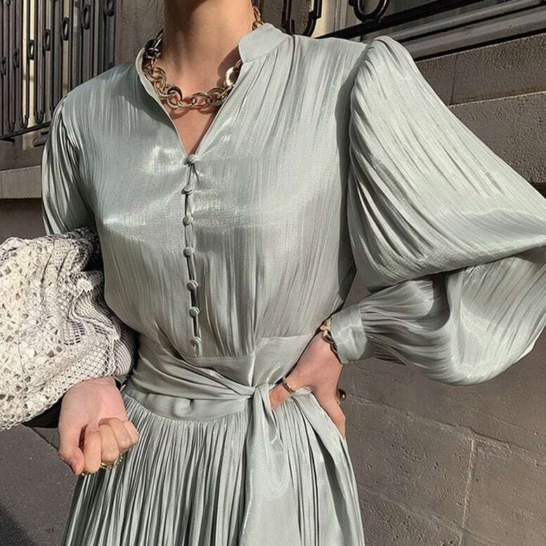 【送料無料】レディース ワンピース プリーツ Vネック ロングワンピース バルーンスリーブ