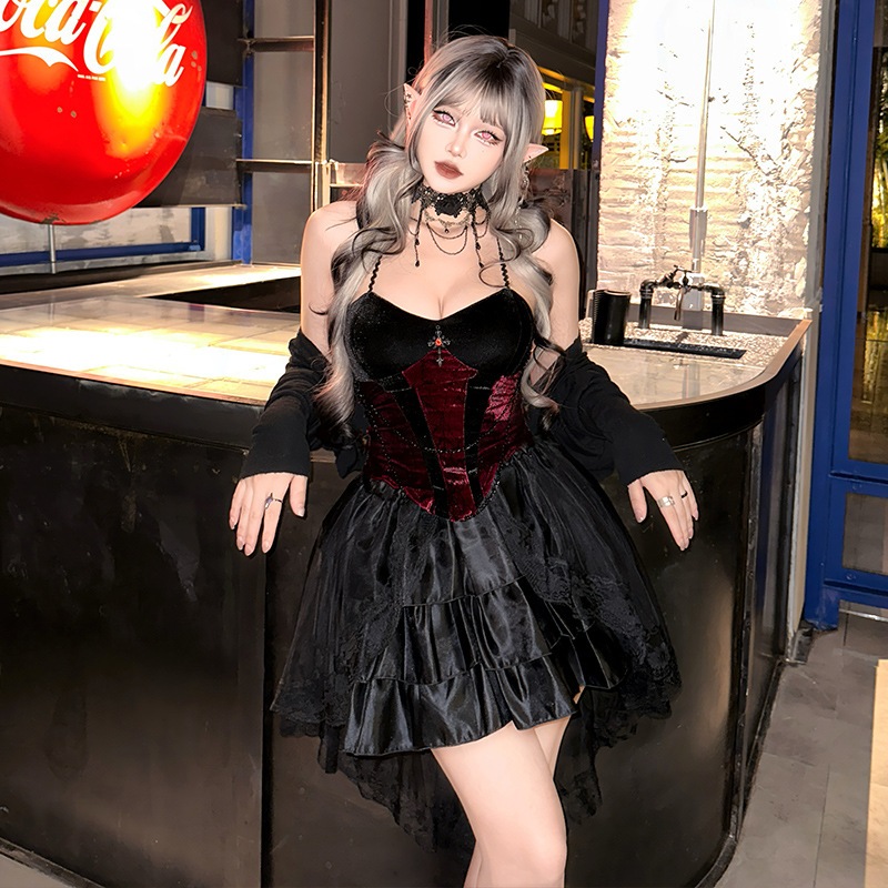 2025ハロウィンコスチュームヨーロッパとアメリカのホットガールダークゴシックセクシーなナイトクラブ純粋な欲望スタイルスリムなヴァンパイアスカートブラック