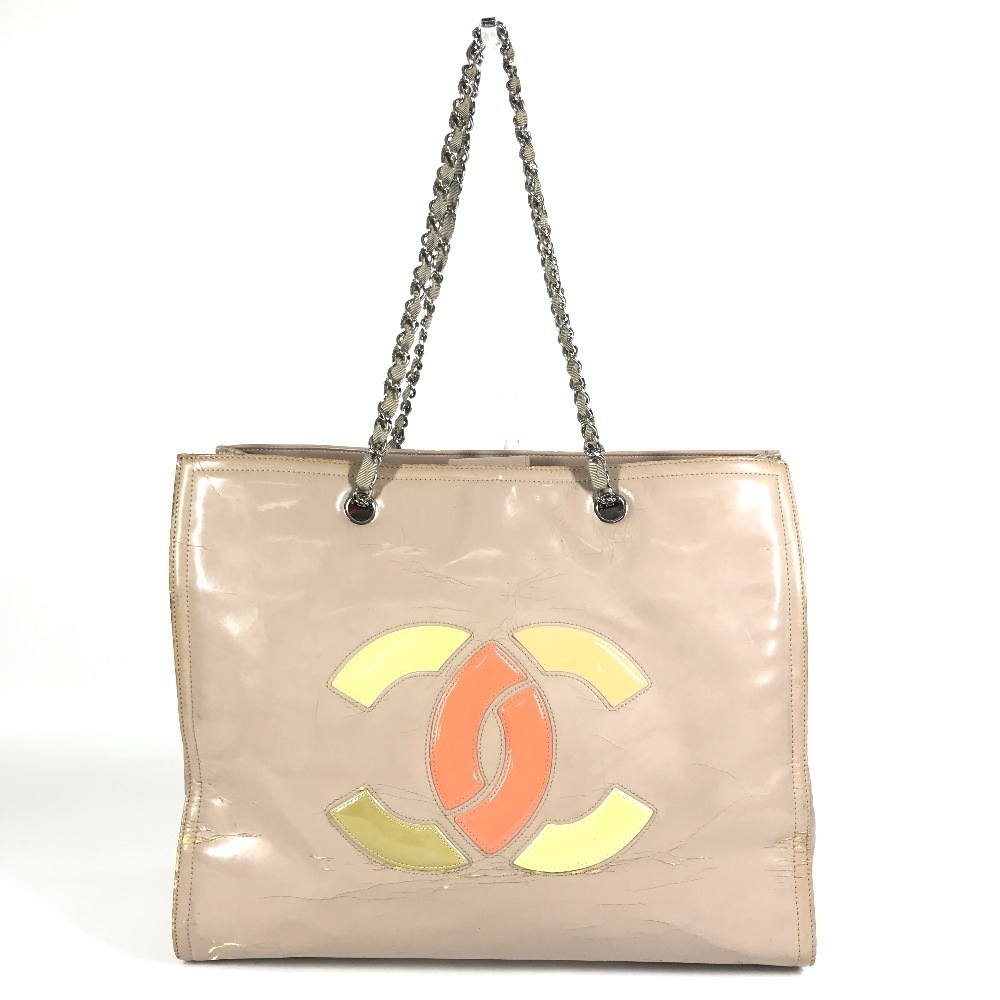 ショルダーバッグ CC ココマーク ロゴ リップスティック カバン Wチェーンショルダーバッグ 肩掛け トートバッグ エナメル ベージュ