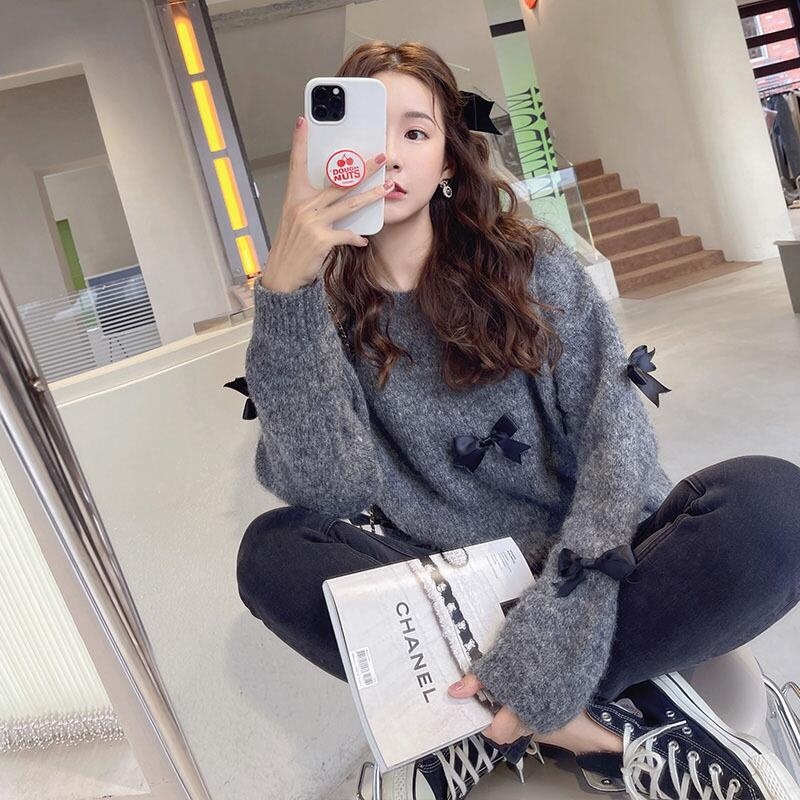 セーター トップス 長袖 リボン ラウンドネック プルオーバー ルーズ 韓国 レディース かわいい 可愛い キュート 大人可愛い 大人女子 シンプル きれいめ カジュアル 大人 気品 上品