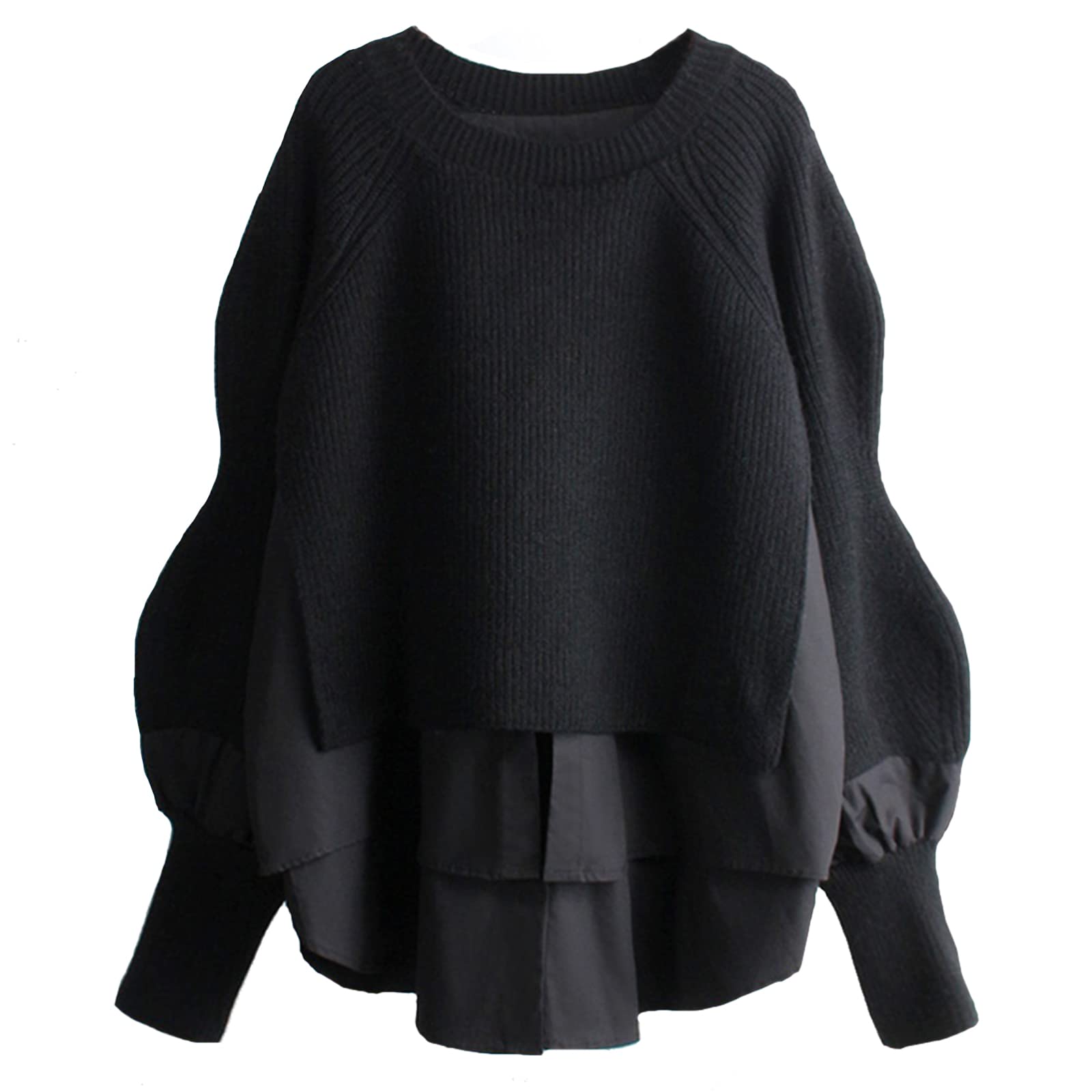 [ANCKDOCE] セーター ニットドッキング ブラウス ふんわり レイヤード 風 プルオーバー 長袖 レディース トップス 無地 着痩せ 可愛い (Black)