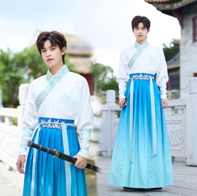 唐装漢服 華流 コスチューム 漢服 メンズコスプレ衣装 刺繍柄 グラデーション 漢服 ハロウィン 文化祭 学園祭 イベント 変身仮装 古代 美男子 衣装 メンズ漢服 ブルー 5,220円