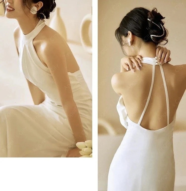 ホルターネック ホルターネック ロング ウェディングドレス ビジュー 韓国 新作 無地 シンプル フレア 結婚式二次会 タイト 2024 ノースリーブ Aライン マキシ かわ ロング 高級質感ドレス