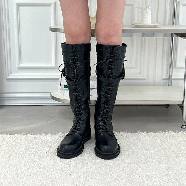 / 女性モダンレースアップベルトストラップロングブーツ 秋 冬 ブーツ