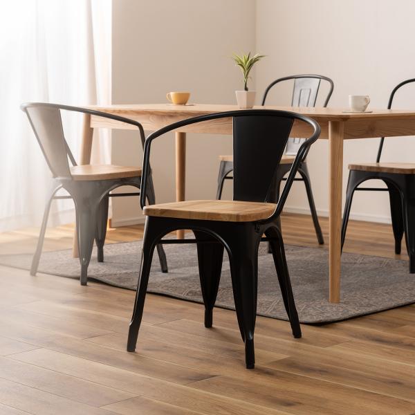 ダイニングチェア 椅子 背もたれ 肘掛け おしゃれ 北欧 スタイリッシュ ビンテージ風 レトロ インダストリアル 天然木 座面 スチール 脚 ダイニング カフェ風