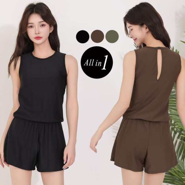 水着 レディース 体型カバー ワンピース 20代 30代 40代 フェイク トップスイン風 ショーツ一体型 バックホック 着脱楽 黒