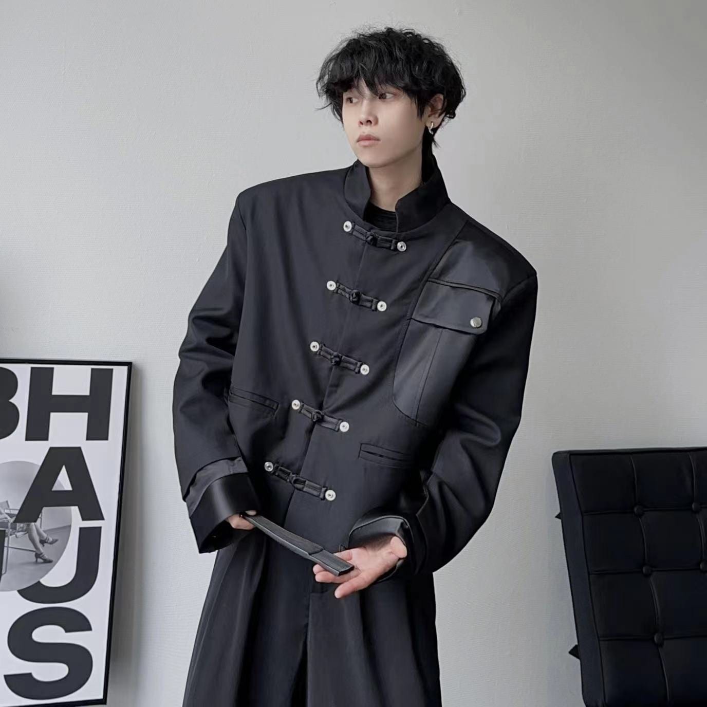 コートブラック 中国ファッション 合わせやすい チャイナ風 結び目ボタン