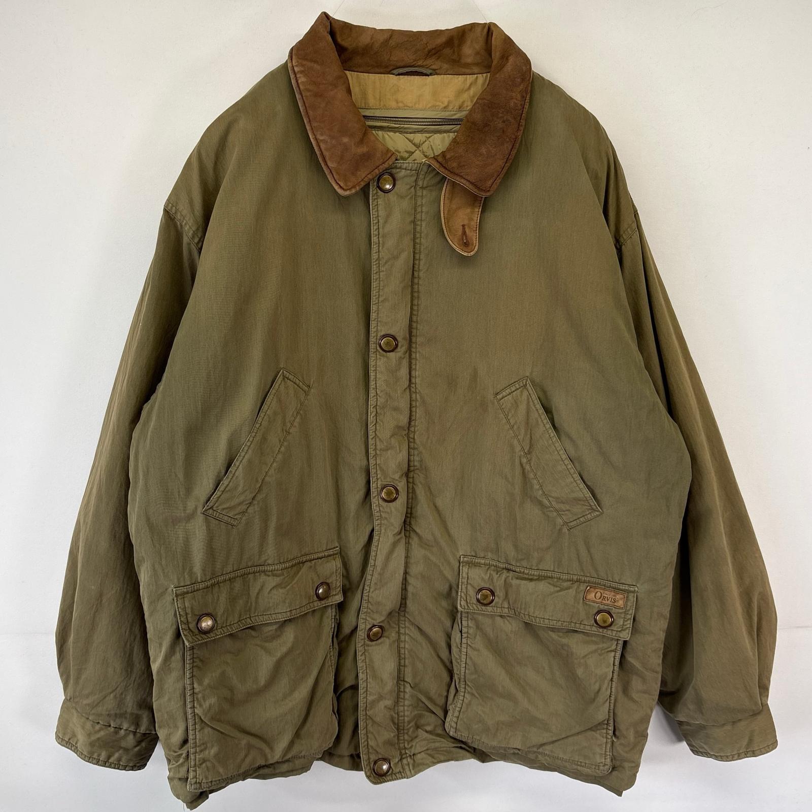古着 90s/90年代 オービス ORVIS ハンティングジャケット キルティングライナー ワンポイントロゴ 襟レザー L グリーン系 メンズ