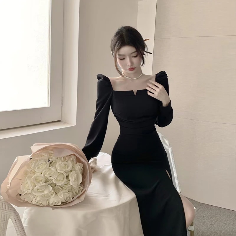 韓国デザイン秋冬新作スクエアネック着痩せ感　上品お嬢様スリットドレス