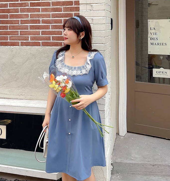 大きいサイズ 婦人服 レース 襟 スクエアカラー 薄手 ドレス 個性的 ワンピース 膝丈 ひざ丈 膝上 袖あり 半袖 スクエアネック 襟なし かわいい 大人可愛い 大人 おしゃれ お洒落 大人女子 7,832円