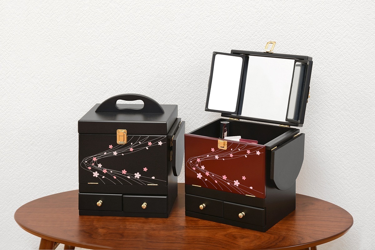 コスメボックス 三面鏡 蒔絵調 桜柄 木製 メイクボックス 和風 日本風 メイクボックス コスメ収納 漆調 化粧箱
