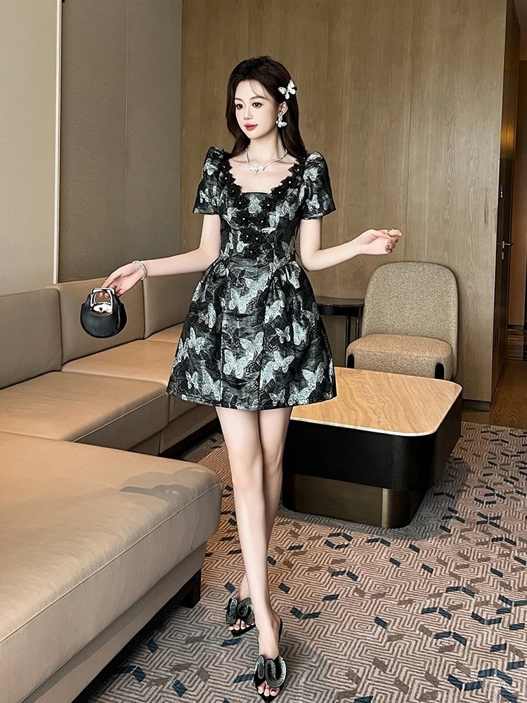 2024夏新品 Vネック 蝶柄 Aライン ショートワンピース ドレス パーティー キャバ 大人 同窓会 披露宴 卒業式 結婚式 演奏会 ウェディング 二次会 メガ割30%までに制限