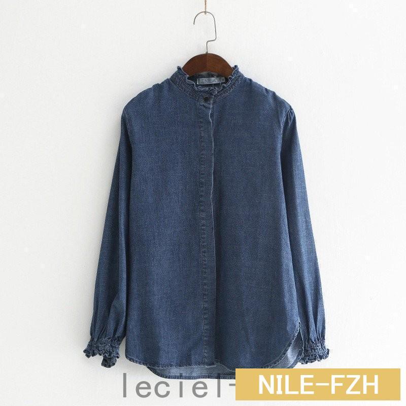 デニムシャツ レディース 長袖 フリル 無地 定番シャツ トップス 立ち襟 カジュアル 秋 春 新作 ブルー M L