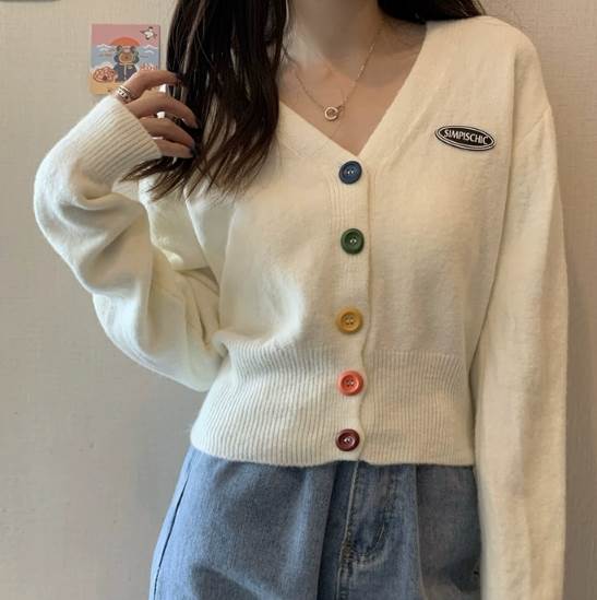 個性的 トップス カーディガン ミニ ミニ丈 ショート ショート丈 袖あり 長袖 萌袖 Vネック ニット かわいい シンプル カジュアル おしゃれ お洒落 レトロ ラフ ラブリー キュート ガーリー