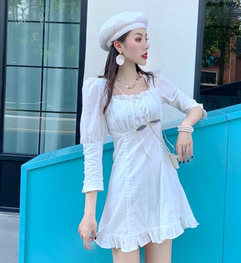 ワンピース デート モテアイテム フレアワンピース 七分袖 リボン レース コットン 可愛い きれいめ 上品 おしゃれ かっこいい 可愛い ラブリー キュート ガーリー クール モード系