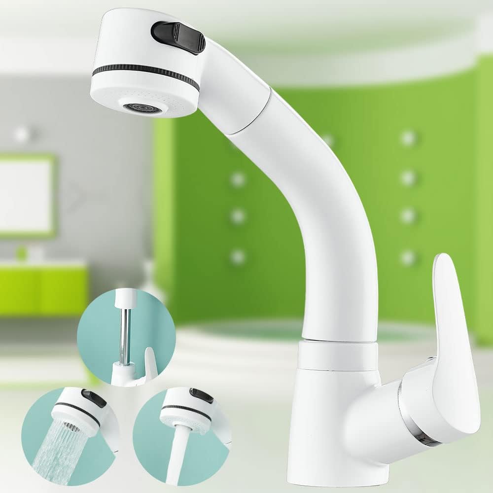 Maynosi 洗面水栓 洗面用混合栓 洗面台蛇口 台付き1穴 シングルレバー混合水栓 ホース引き出し式 360回転 吐水口昇降 シャワ・泡沫切替 洗面用水栓金具 取り付けホース付き (ホワイト)