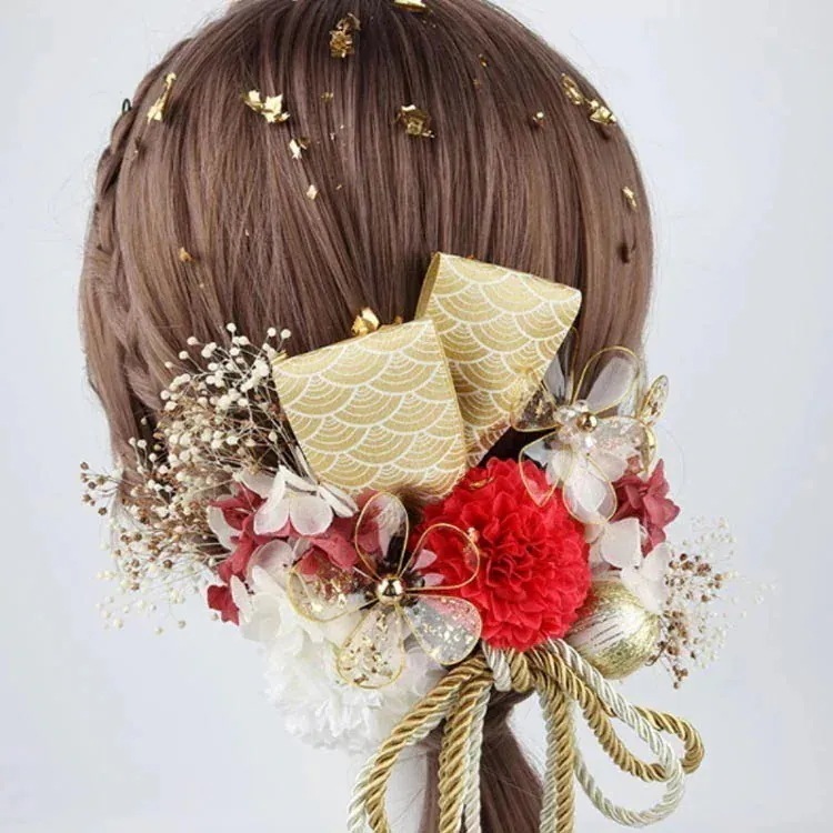 【急速出荷!】10個セットで割引 髪飾り 成人式 15点セット ドライフラワー ゴールド 金箔 水引 紐 造花 かすみ草 菊 リボン 和玉 かんざし 和装 お花 振袖 袴 ウェディング 結婚式 卒業式