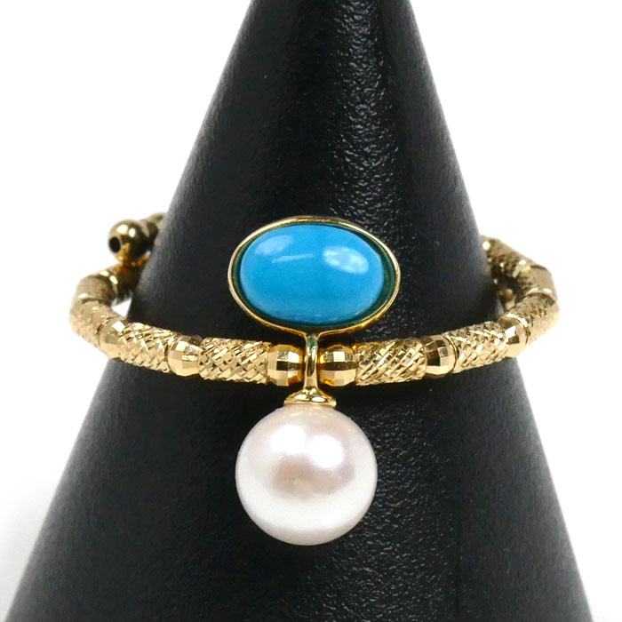 K18YG イエローゴールド リング・指輪 パール約5.7mm サンゴ0.40ct トルコ石0.40ct 1.7g フリーサイズ レディース 中古