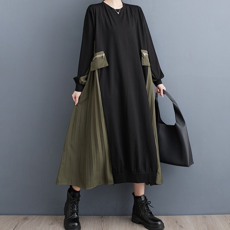 ワンピース レディース 膝下 ミモレ ロング 長袖 パフスリーブ ラウンドネック ワイド フレア Aライン 切り替え ドレープ 裾ワイド プリーツ ポケット ハイウエスト バイカラー 配色 かわいい