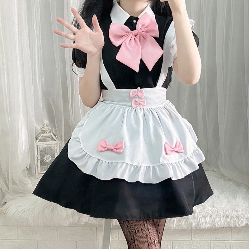 黒 白 メイド 服 女性 上司 日常 ロリ 可愛い ロリータ ピンク リボン ドレス