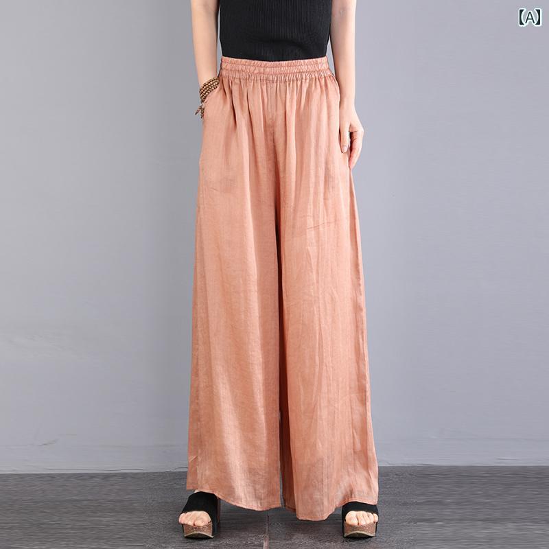 エスニック ボヘミアン レディース 薄手 通気性 リネン ワイド レッグ パンツ 大きめ サイズ 女性 ドレープ ハイエンド ストレート パンツ カジュアル ビッグ レッグ パンツ